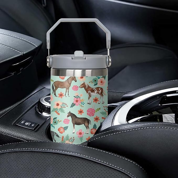 30 oz Horse Flip Straw Tumbler with Handle, Cute Floral Horse Insulated Stainless Tumbler Coffee Cups Water Bottle CoffeeTravel,Horses Gifts for Women Horse Lovers Girls