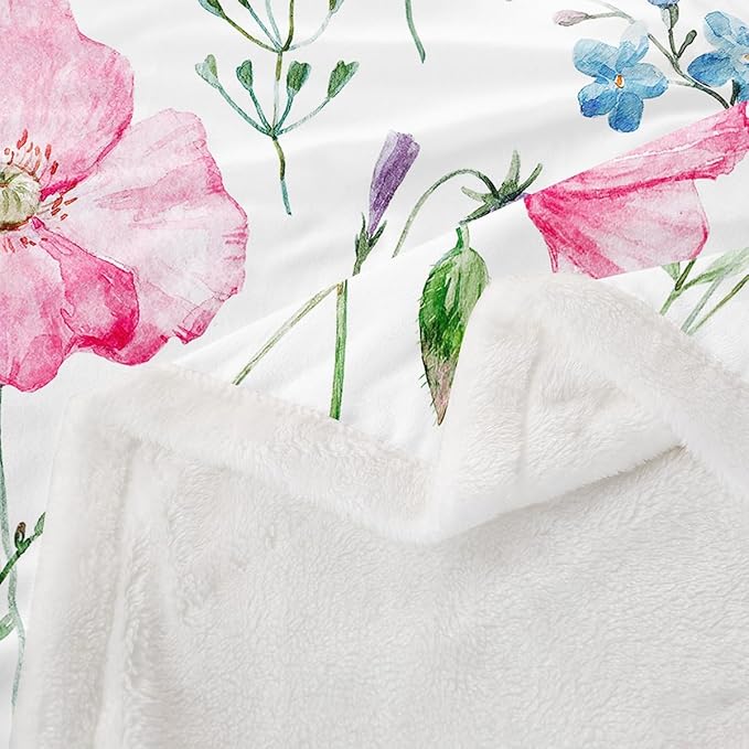 Pink Poppy Sherpa Fleece Throw Blanket - Floral Printed Plush, Ultra Soft, 40x50 Inch