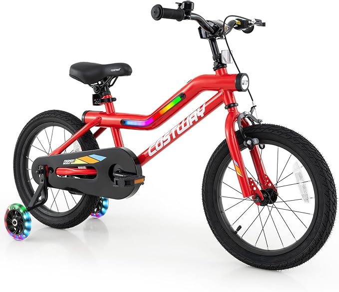 COSTWAY 16”/18” Lighted Kids Bike, Children Sport Bicycle with LED Light-up Frame, Adjustable Saddle, Training Wheels, Handbrake & Coaster Brake, Kids Riding Bike for 4-7/4-8 Years Old Boys & Girls