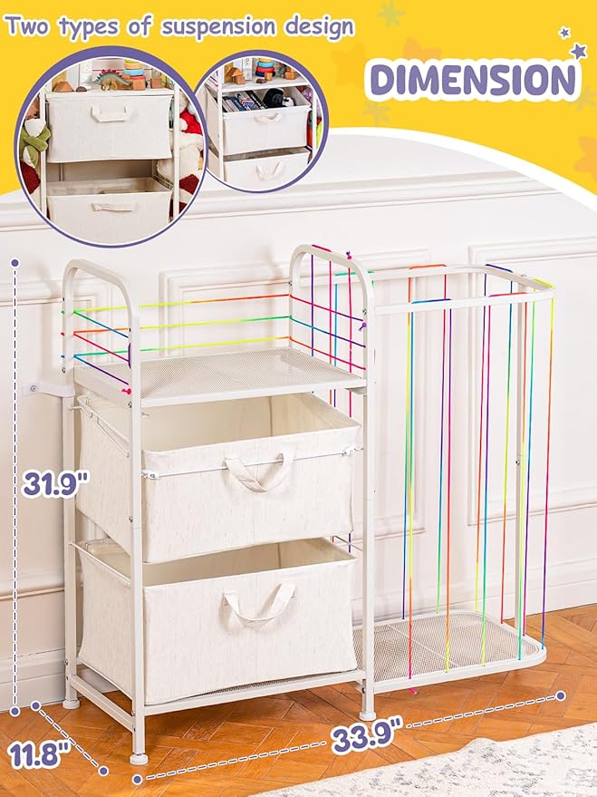 VBABY Kids Bookshelf and Toy Storage, 2-Tier Stuffed Animal Storage and Book Shelf for Kids Rooms, Toddler Montessori Bookshelf with Fabric Drawers for Nursery, Playroom, Bedroom