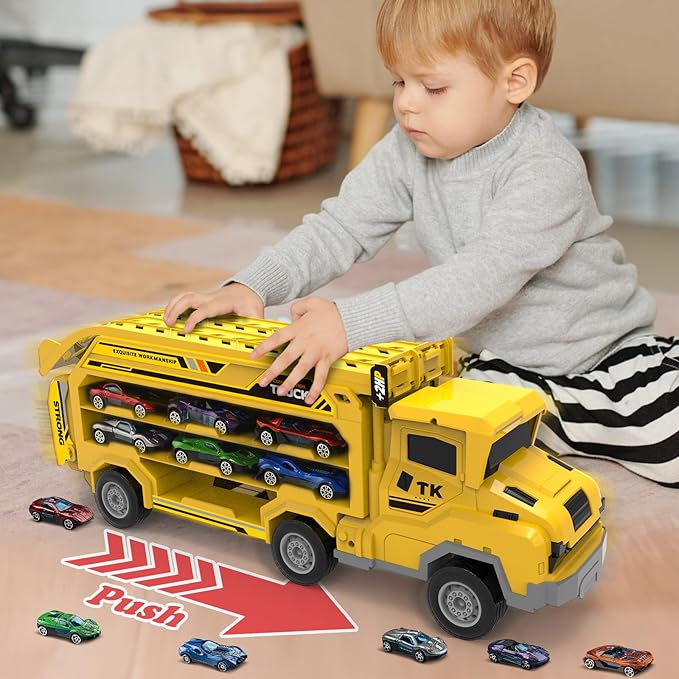 Toddler Car Truck Toys,Car Carrier Trucks for Kids Age 3-5 4-8,Foldable Car Track Sets with 2.8-Ft Race Track and 6 Die-Cast Race Cars, Truck Toys Gifts for 3 4 5 6 7 8+ Year Old Boys Girls(Yellow)