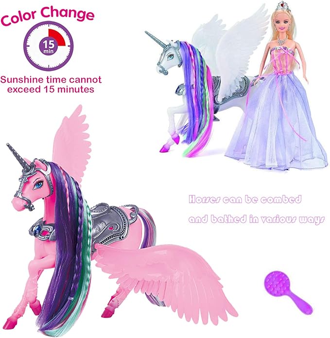 BETTINA Color Change Unicorn and Fairy Tale Princess Doll, W/Mane Brush, Girls' Unicorn Doll Toys Gifts, Presents for Girl Kids Aged 3+, Rainbow Braided Hair Horse Princess