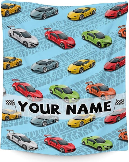 Personalized Car Blanket Gifts for Kids - 30x40 Inches Cute Cars Throw Blanket for Boys Men Race Sport Car Lovers - Custom Name Blue Soft Fuzzy Blankets for Couch, Sofa