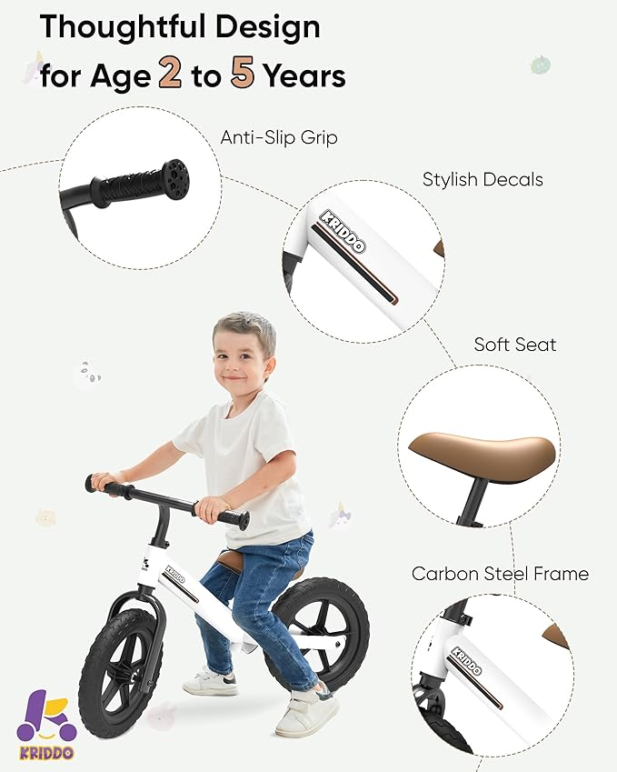 KRIDDO Toddler Balance Bike 2 Year Old, Kids Balance Bike for 2-5 Years Old, Dual Bearing for Smoother Riding, Adorable Plate, Adjustable Seat and Handlebar, Toddler Bike Gifts Age 2-3, White