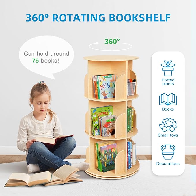 OOOK Kids Rotating Bookshelf Tower, 3 Tier Spinning Floor Standing Montessori Bookshelf Storage Rack, Large Chassis 360 Display for Small Space, Kids Room, Nursery