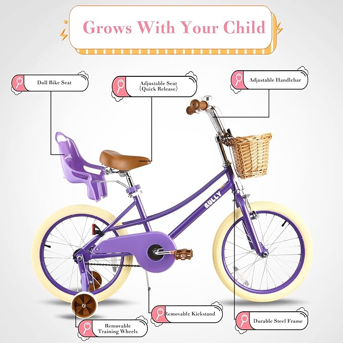 RULLY Donna Kids Bike for Girls Ages 2-7 Years, 12 14 16 Inch Princess Girls Bicycle with Doll Bike Seat, Training Wheels, Basket and Streamers, Kids Cycle Bikes, Multiple Colors