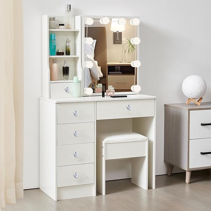 Hollywood Vanity Desk with Mirror and Drawers, Large Tabletop, 3 Color Modes Lighted Mirror Dressing Table, Makeup Vanity Set with Cushioned Stool for Girls and Women