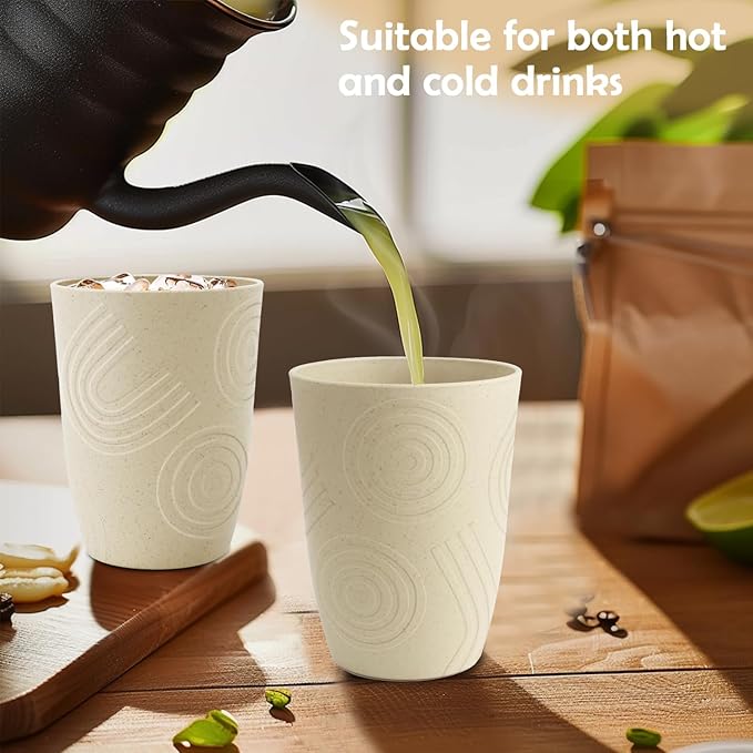 12 oz Wheat Straw Cups Set of 6, Alternatives to Plastic Cups Reusable, Unbreakable Water Cups, Dishwasher Safe Kitchen Cup, Small Water Cups for Kitchen (Beige)