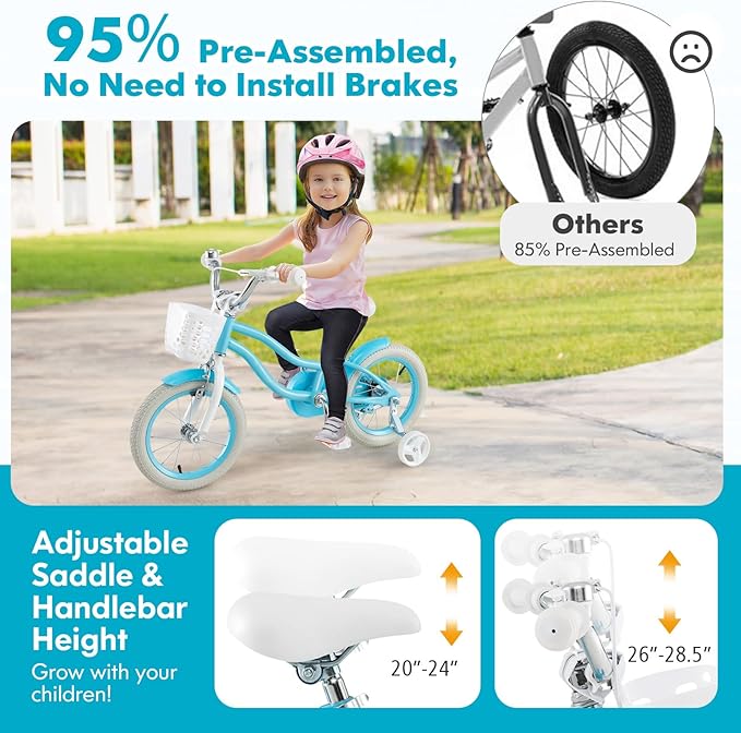 COSTWAY Kids Bike, 12 14 16 18 Inch Toddler Bike Children Bicycle w/Training Wheels, Hand & Coaster Brakes, Adjustable Saddle & Handlebar, Basket, Bell, Kids Bicycle for Girls Boys Aged 3-8 Years Old