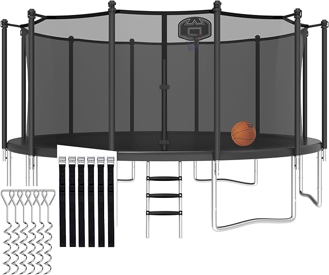 1500LBS 8 10 12 14 15 16 FT Tranpoline for Adults/Kids with Safety Enclosure Net, Basketball Hoop, Ball, Wind Stakes and Ladder, Heavy Duty Outdoor Recreational Tranpolines for Family