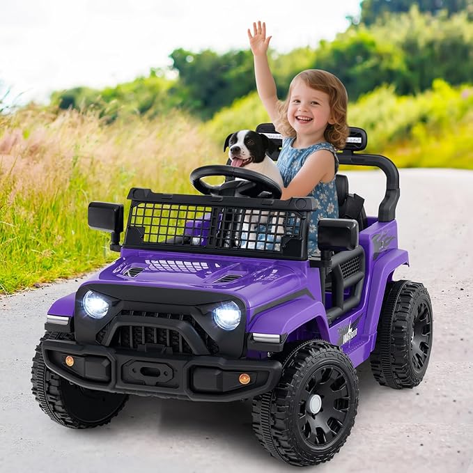 Costzon Kids Ride on Car Truck, 12V Electric Vehicle w/Foldable Mirrors, 3 Speeds, LED Lights, Music & Horn, Ride on Toys Remote Control Car for Toddlers, Boys & Girls (Purple,34" × 23" × 21")