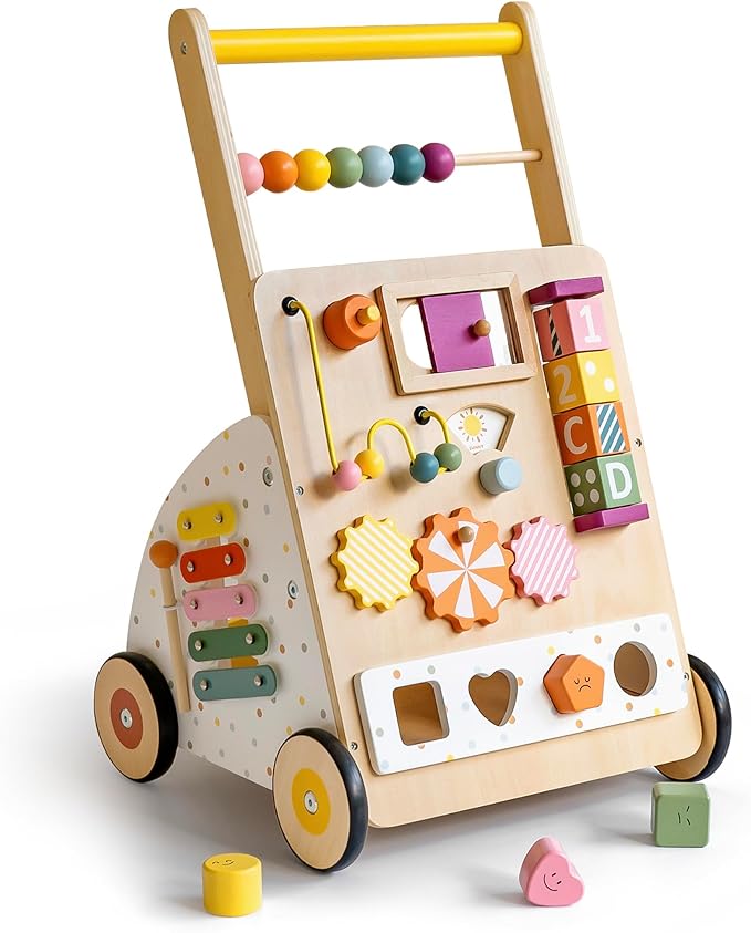 Wooden Baby Walker with Activity Center – Montessori Push Walker Toys for Boys & Girls 18 Months+ – Educational Toddler Learning Walker with 10-in-1 Sensory Games