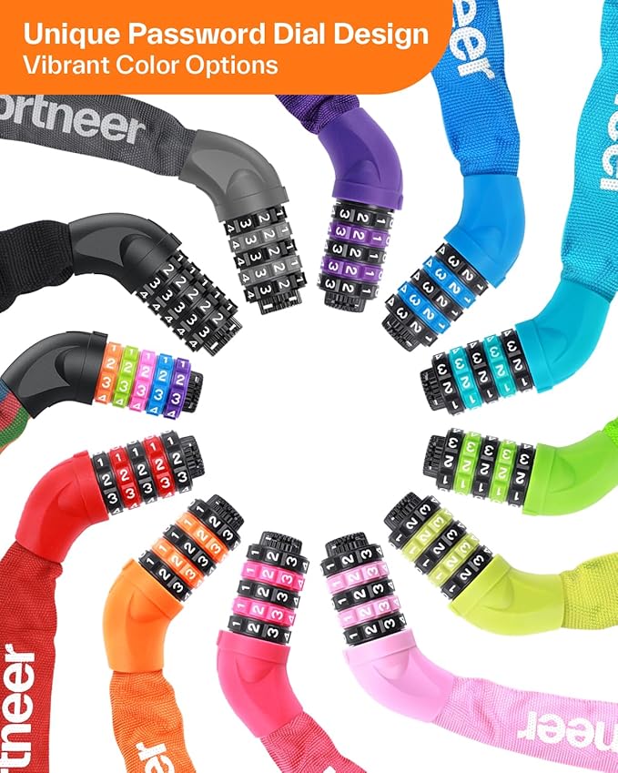 Sportneer Bike Lock: 5 Digit Combination High Security Anti Theft Bike Chain Lock - 3.2/3.6/4ft Heavy Duty Keyless Bicycle Lock for Bike, Motorcycle, Scooter, Door & Gate - 4/6mm Thick, Easy to Use