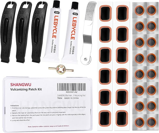 35 PCS Bike Tire Repair Kit, Bicycle Inner Tube Patch Kit with 28 PCS Vulcanizing Patches,Rubber Solution, Metal Rasp, Bike Tire Levers, Bike Patch Kit with Portable Box for MTB BMX Road Bike