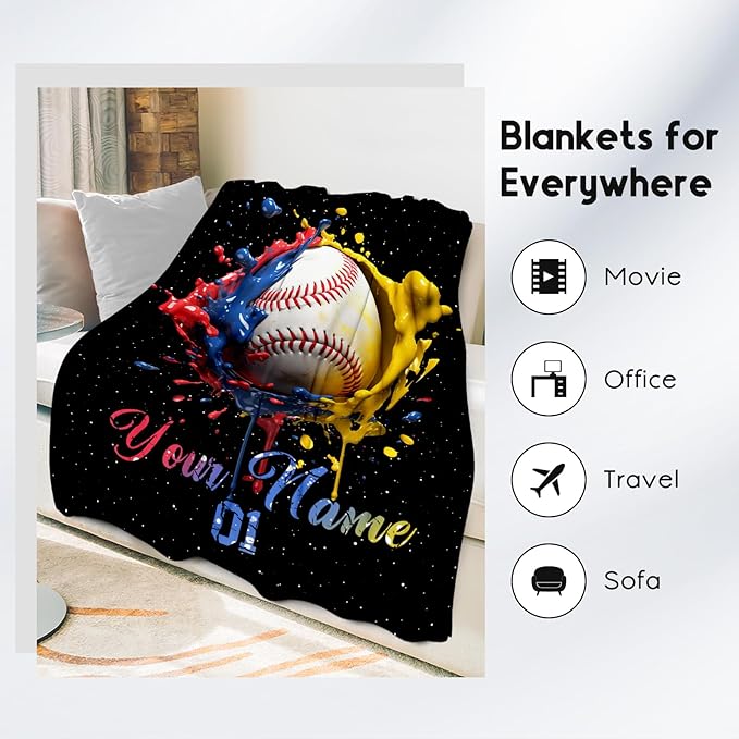 Personalized Baseball Blanket, Custom Baseball Gifts for Kids Boys Men, Sport Throw Blankets for Adults Team Player, Soft Flannel Throws Gift Home Decor (Colorful, 40x50 Inch)