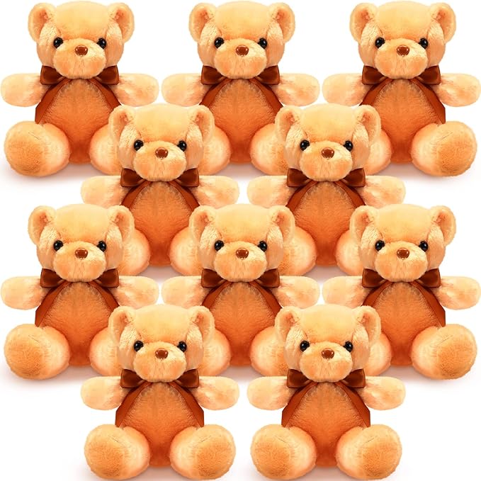 Skylety 10 Pieces Bears Bulk Stuffed Animals Soft Plush Toy Gift Bears with Ribbon Bow for Boys Girls Birthday Wedding Baby Shower Party Favor(Brown)