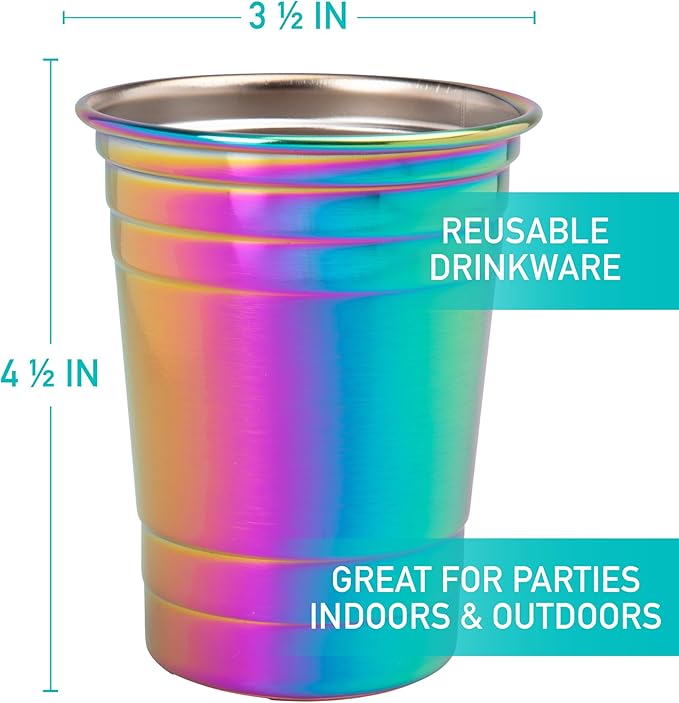 D'Eco Rainbow Stainless Steel Cups - 4 Pack Iridescent 16 oz Tumblers for Kids, Family, Adults - Unbreakable, BPA-Free & Stackable Drinkware for Indoor and Outdoor Use at Parties, Picnics, Camping