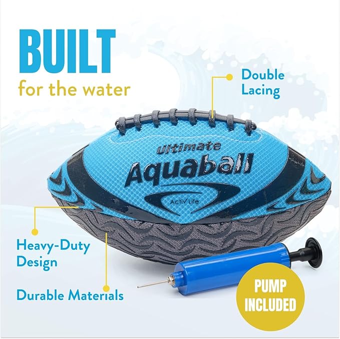 Activ Life Water Football for Pool, Beach, Outdoor, 9.5-inch Waterproof Pool Toys for Kids, Heavy-Duty Water Ball, Double Lacing for Easy Grip, Lake Toys for Sports & Family Games