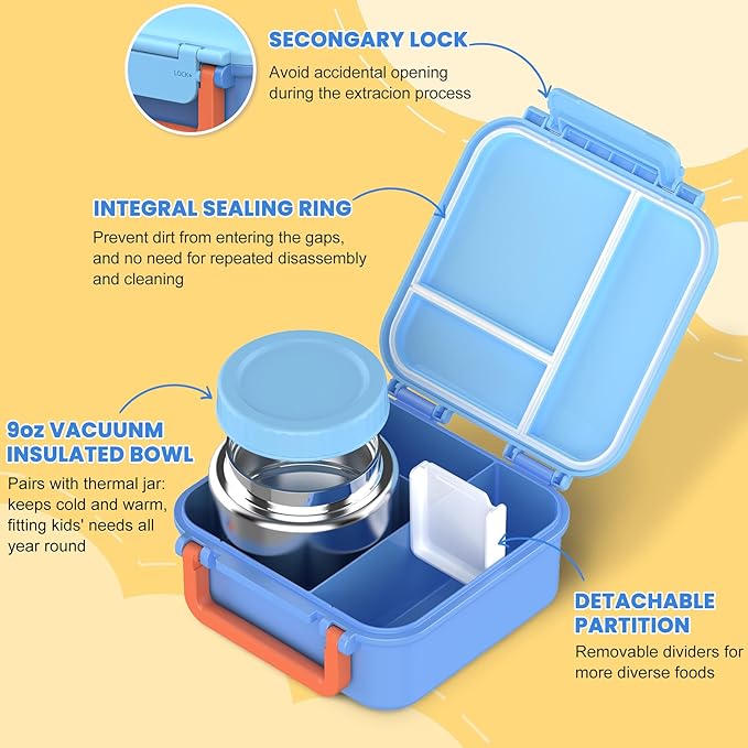 Bento Lunch Box Set for Kids with 9oz Soup Thermo, Insulated Lunch Bag,Leak-proof BPA-free Lunch Food Container with 3-4 Conpartments for School Travel-Blue