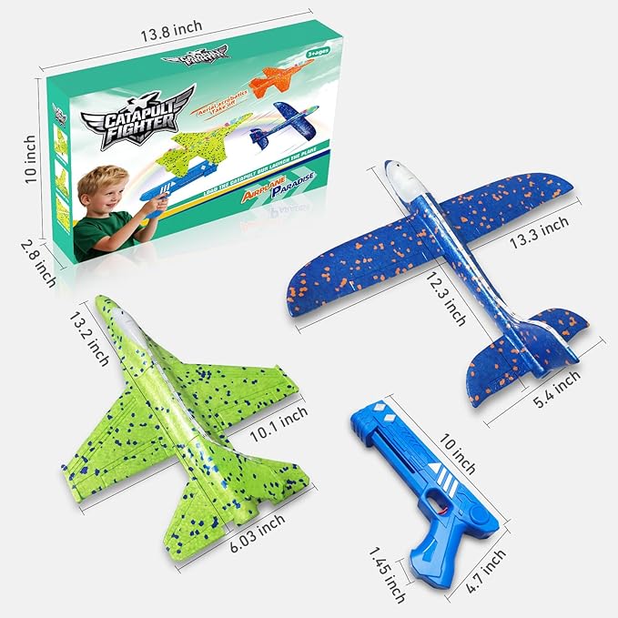 3 Pack Airplane Launcher Toys, 13.2 inch LED foam 2025 F-15 Eagle fighter jet ＆ Glider Catapult Plane for Boys, Flying Toys Christmas Birthday gifts for Boys Girls 4 5 6 7 8 9 10 11 12 Year Old