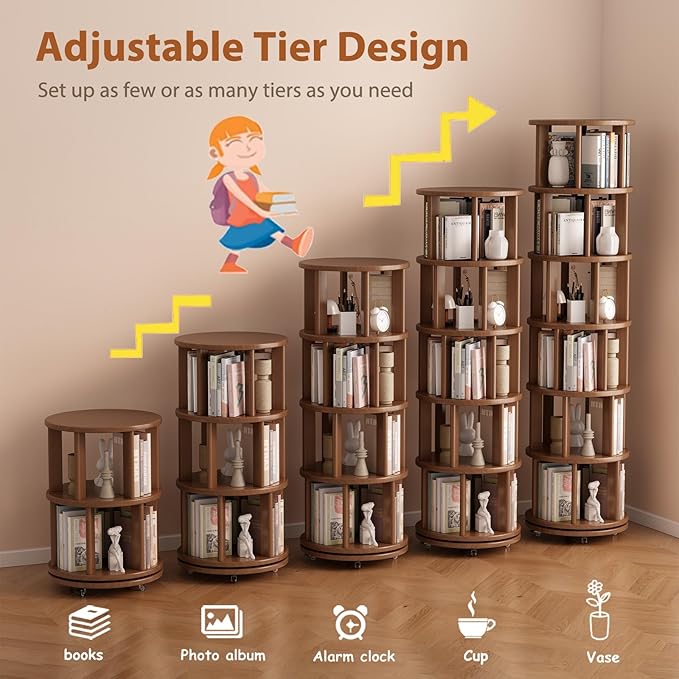 Solid Wood Rotating Bookshelf on Wheels, 6 Tier, Round Revolving Bookcase, 360° Spinning Book Shelf Tower for Kids, Narrow Rolling Bookshelves for Small Space, Corner, Bedroom, Office, Walnut