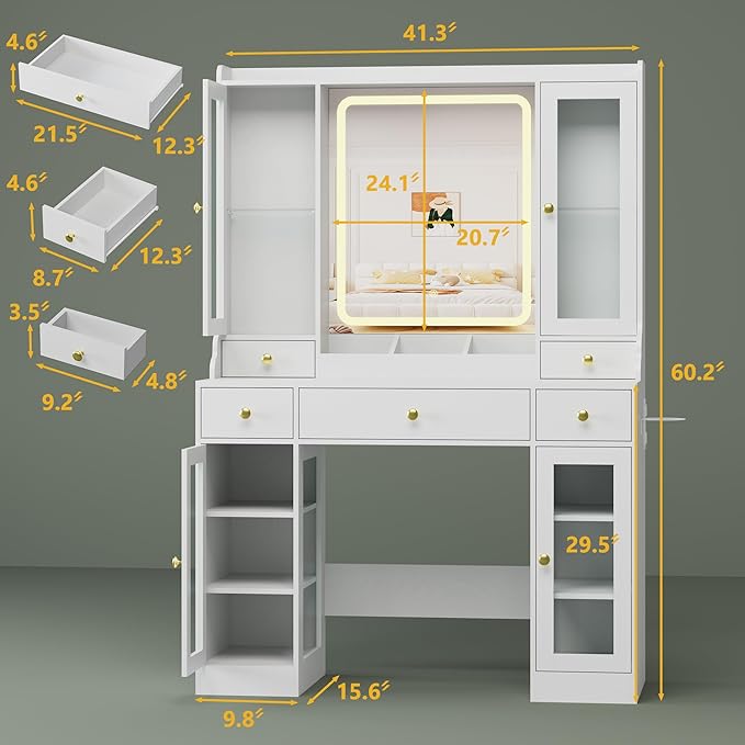 Vanity Desk with Mirror and Lights, Pink Makeup Vanity Table with 3 Modes & Adjustable Brightness, Glass Cabinets, Drawers, Outlet, Modern Dressing Table for Bedroom, Girls, Women, Teens