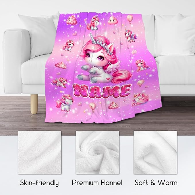 Unicorn Blanket for Girls - Personalized Kids Blankets Gift - Soft Flannel Throw for Couch, Sofa Bed, 4 Size
