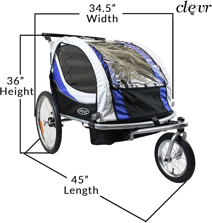 ClevrPlus Deluxe 3-in-1 Double 2 Seat Bicycle Bike Trailer Jogger Stroller for Kids Children | Foldable Collapsible w/Pivot Front Wheel