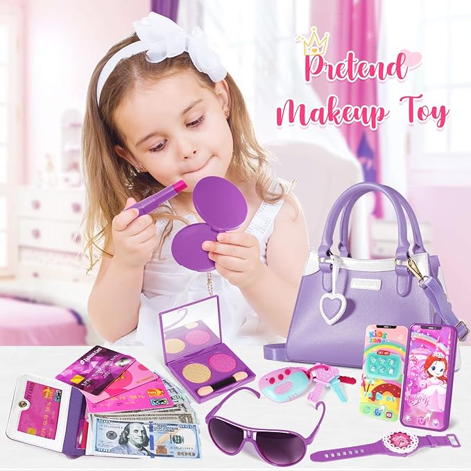 Shemira Play Purse for Little Girls, Princess Pretend Toys for Girls 3 4 5 6 7 8 Years Old, Christmas & Birthday Gift , Toddler Purse with Accessories, Kids Toy Purse, Purple