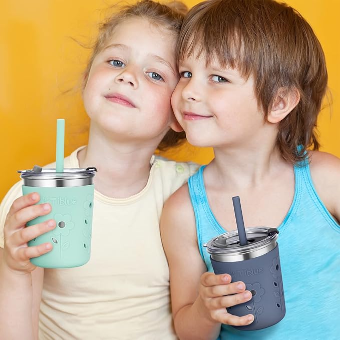 Tiblue Kids & Toddler Cups, 4 Pack 8oz Spill Proof Stainless Steel Tumblers with Leak Proof Lids, Silicone Straw with Stopper & Sleeve, BPA FREE Snack Smoothie Drinking Cup for Baby Girls Boys