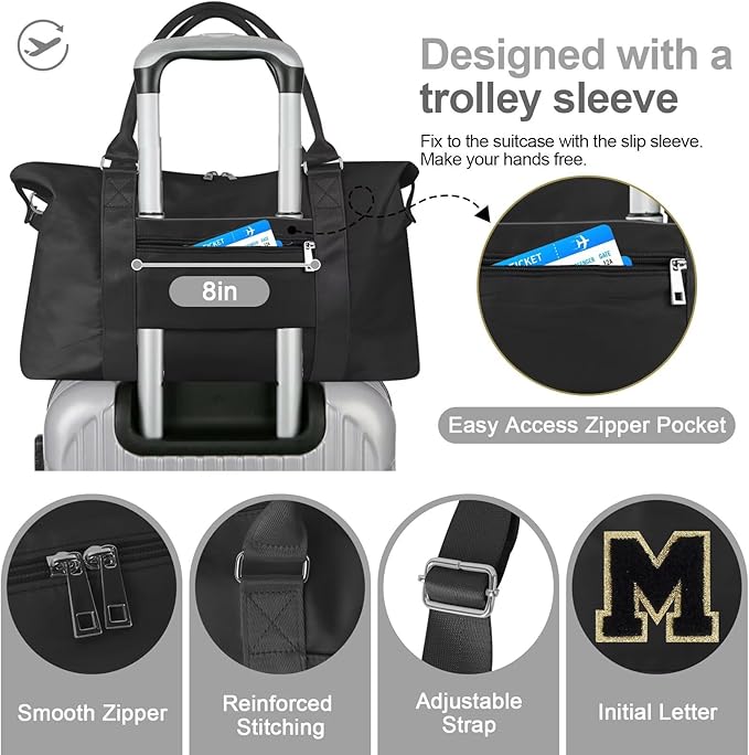 Dance Gym Duffel Bag for Teen Girls, Personalized Initial Travel Weekender Bag,Cute Overnight Carry On Duffle for Women,Sports Travel Cheer Bag,Monogram Christmas Gifts for Tween Preppy(black-M)