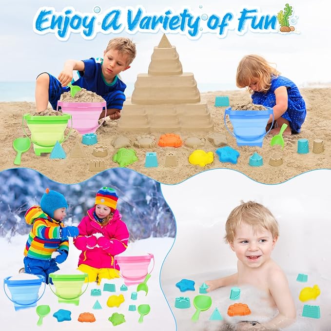 Collapsible Foldable Beach Buckets and Shovels Set - Kids Beach Toys with Mesh Bag & Sand Molds, Silicone Pails for Travel