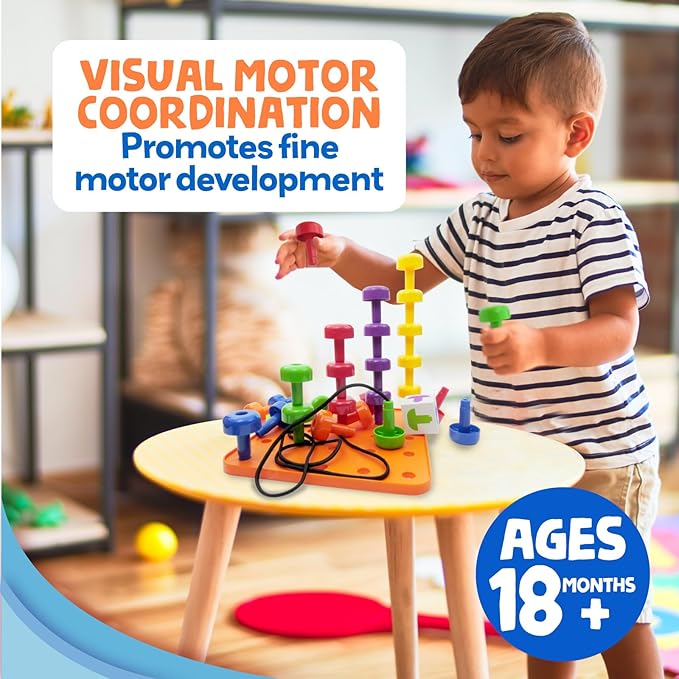 Skoolzy Peg Board Set - Montessori Toys for 2 Year Old - 33 Pc Plastic Peg Board for Kids - Occupational Therapy Toys with Pegs, Dice, Lacing String & Storage Bag