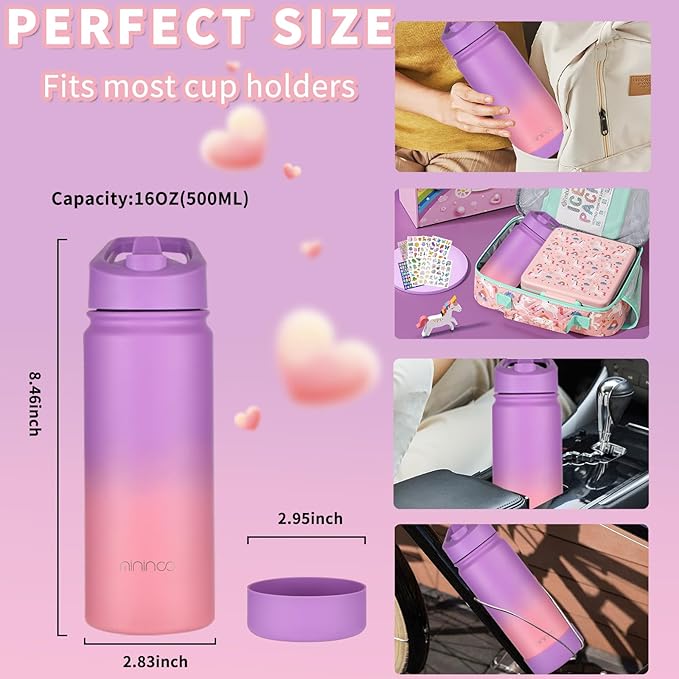 mininoo Kids Water Bottle for School, 16oz Stainless Steel Insulated Water Bottle Kids with Straw Lid for Girls, Boys (Purple/Pink)