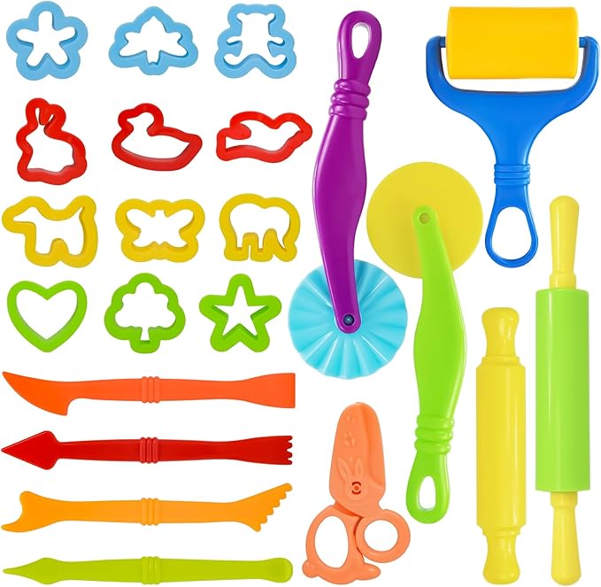 Playdough Tool Set, 22 Pcs Play Dough Tools Sets for Kids Ages 4-8, Playdough Accessories Includes Cutters Roller, Rolling Pins, Safety Scissors, Plastic Knife, Animal Shapes Cutters