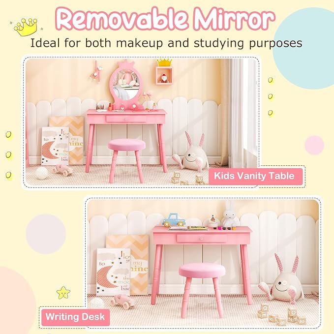 HONEY JOY Pink Crown Makeup Vanity, Includes Chair & Real Glass Mirror, Large Engineered Wood Kids' Vanity Set, Safe & Sturdy, Easy to Install & Clean, Pink