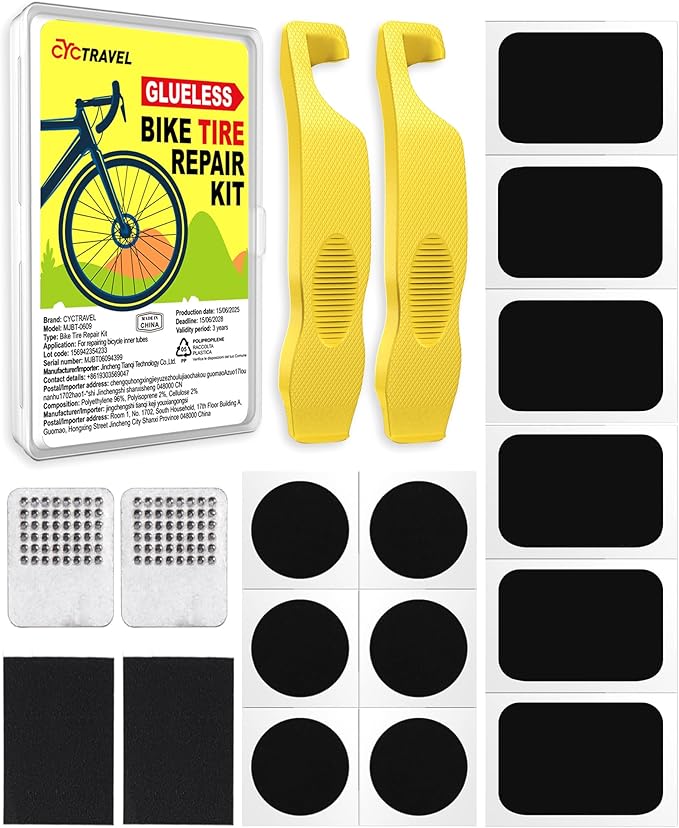 Bike Tire Repair Kit, Bicycle Inner Tube Puncture Patch Kits Contains 12 PSC Glueless Bike Tire Patch and Enhanced Material Tire Levers, Bike Patch Kit for Mountain and Road Bikes.