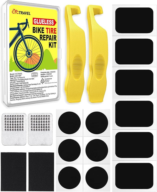 Bike Tire Repair Kit, Bicycle Inner Tube Puncture Patch Kits Contains 12 PSC Glueless Bike Tire Patch and Enhanced Material Tire Levers, Bike Patch Kit for Mountain and Road Bikes.