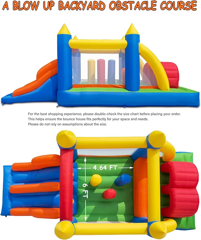 HuaKastro 16.3x7.2FT Kids Inflatable Obstacle Bounce House with Dual Racing Slides, Crawl Tunnels, Climbing, Obstacles, Jumping All in One Castle Great for Children's Outdoor Party - with Blower