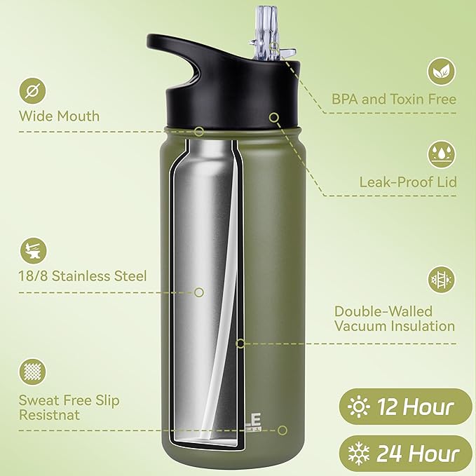 HASLE OUTFITTERS Insulated Water Bottle Kids 16 oz Double Wall Vacuum Stainless Steel Water Bottle Leak Proof for School Wide Mouth with Straw Lid & Spout Lid Keeps Cold and Hot(Army Green,4pack)