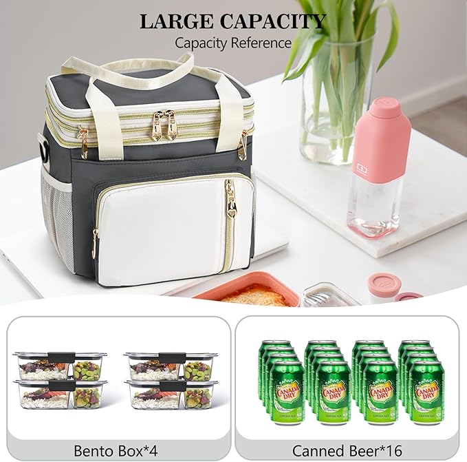 LOKASS Lunch Bag& Lunch Box for Men Women Double Deck,Large Insulated Adult Lunch Box Leakproof Lunchbox Cooler Bag for Work Picnic Beach,（Gray&White）