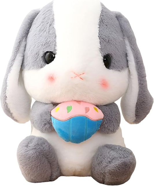 HOUPU Soft Toy - Sitting Lop Eared Rabbit, Easter White Rabbit Stuffed Bunny Animal with Carrot Soft Lovely Realistic Long-Eared Standing Pink Plush Toys (Ash White-Cake,16.9in/43cm)