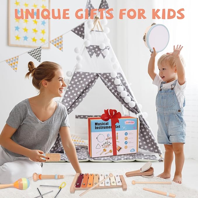 Baby Musical Instruments Set - Montessori Wooden 18 Month Old Baby Musical Toys, Toddler Percussion Instruments Xylophone Maracas Tambourine for Toddlers 1-3, Christmas stocking stuffers Gift for kids