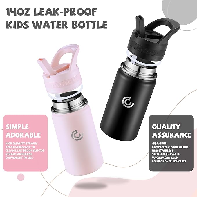 2 Pack Kids Water Bottle,14oz Stainless Steel Insulated Water Tumbler Leak-Proof,School Water Mug,Small and Portable,Suitable for Boys and Girls to Use(Black + Pink)