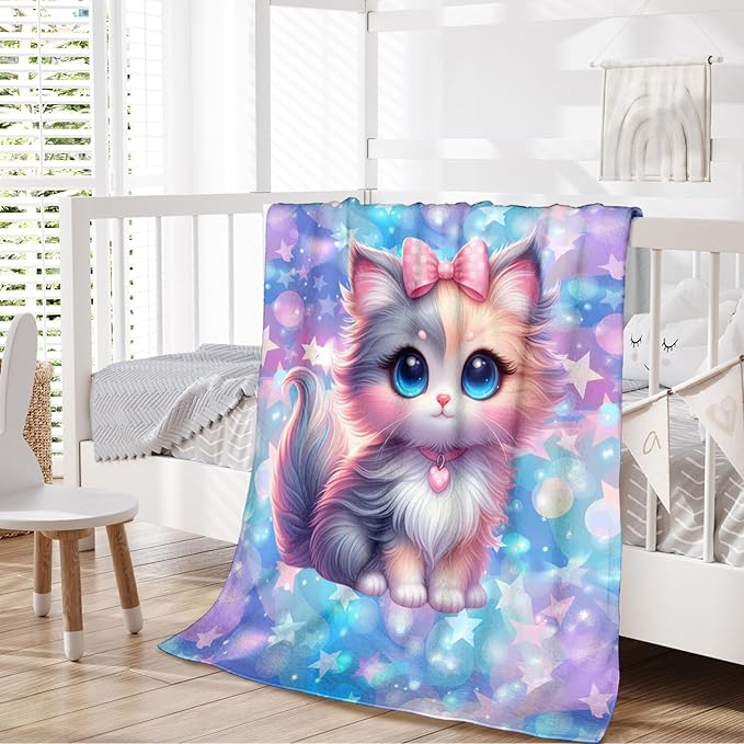 Kids Blanket for Girls Cat Blankets for Kids Teen Gift for Birthday, Cozy Soft 60 x 50 Inches Flannel Throws Cat Supplies for Bed Travel Sofa Living Room Decor