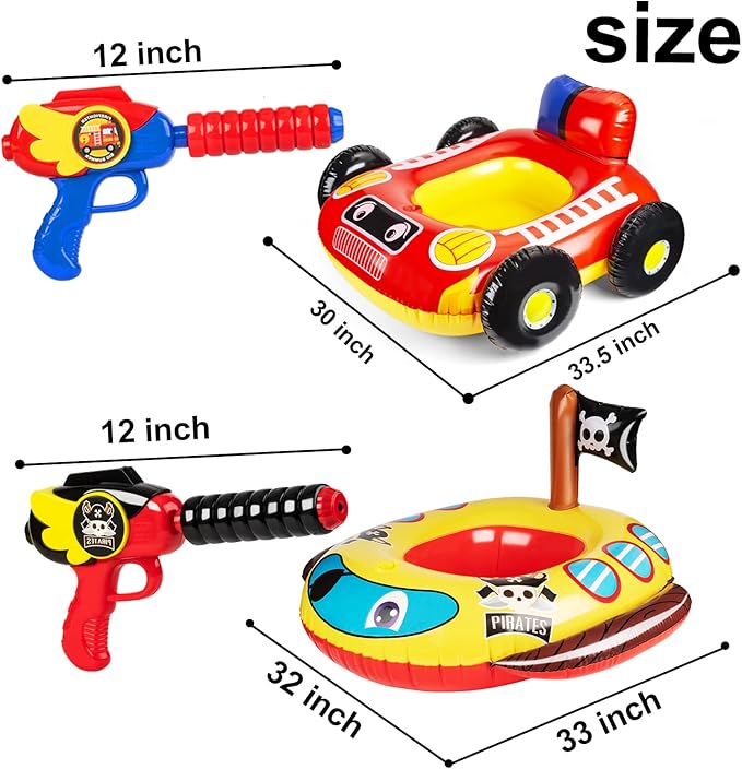 2 Pack Inflatable Kids Pool Floats with Water Gun, Pool Toys for Kids Ages 4-8, Blow Up Toddler Pool Floats, Swimming Pool Game Toys, Fire Truck and Pirate Ship Floaties for Boys Girls and Child