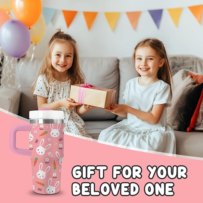 Rabbit Gifts for Kids - 14 Oz Pink Kids Tumbler with Handle and Straw, Stainless Steel Insulated Tumbler, Sweatproof, for Sports, School, Travel - Bunny Lovers Children Birthday Gifts Cups(1pc)