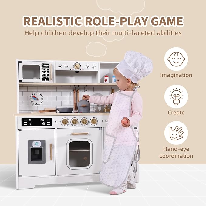 OOOK Kids Play Kitchen Set with Plenty of Features, Sink, Oven, Stove, Dishwasher, Coffee Maker, Ice Maker and Microwave, Play Kitchen Sets for Kids Ages 4-8