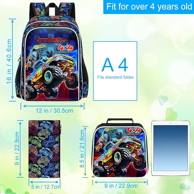 16" Monster Truck Backpack, 3Pcs Boy Bookbag for Elementary Preschool Kindergarten, Kids School Backpacks with Lunch Box (Black)