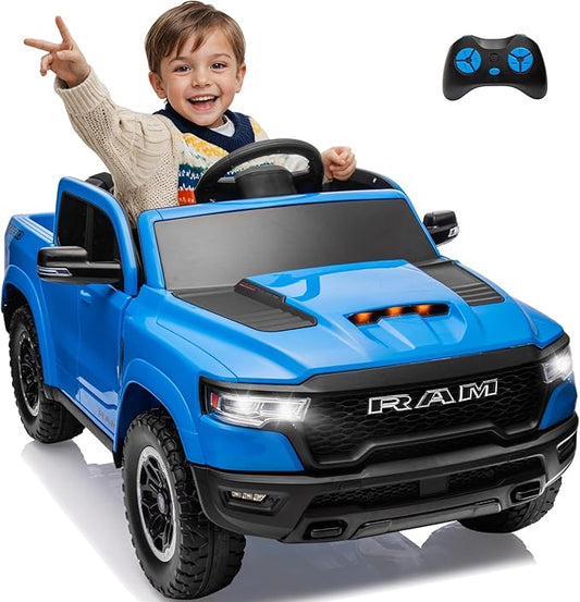 Ram 1500 RHO Ride on Car for Kids,12V Electric Truck Car with Remote,Kids Ride on Toy Car with Raised Windows,Safety Belt,Bluetooth,Music for Age 3-8 (Blue)